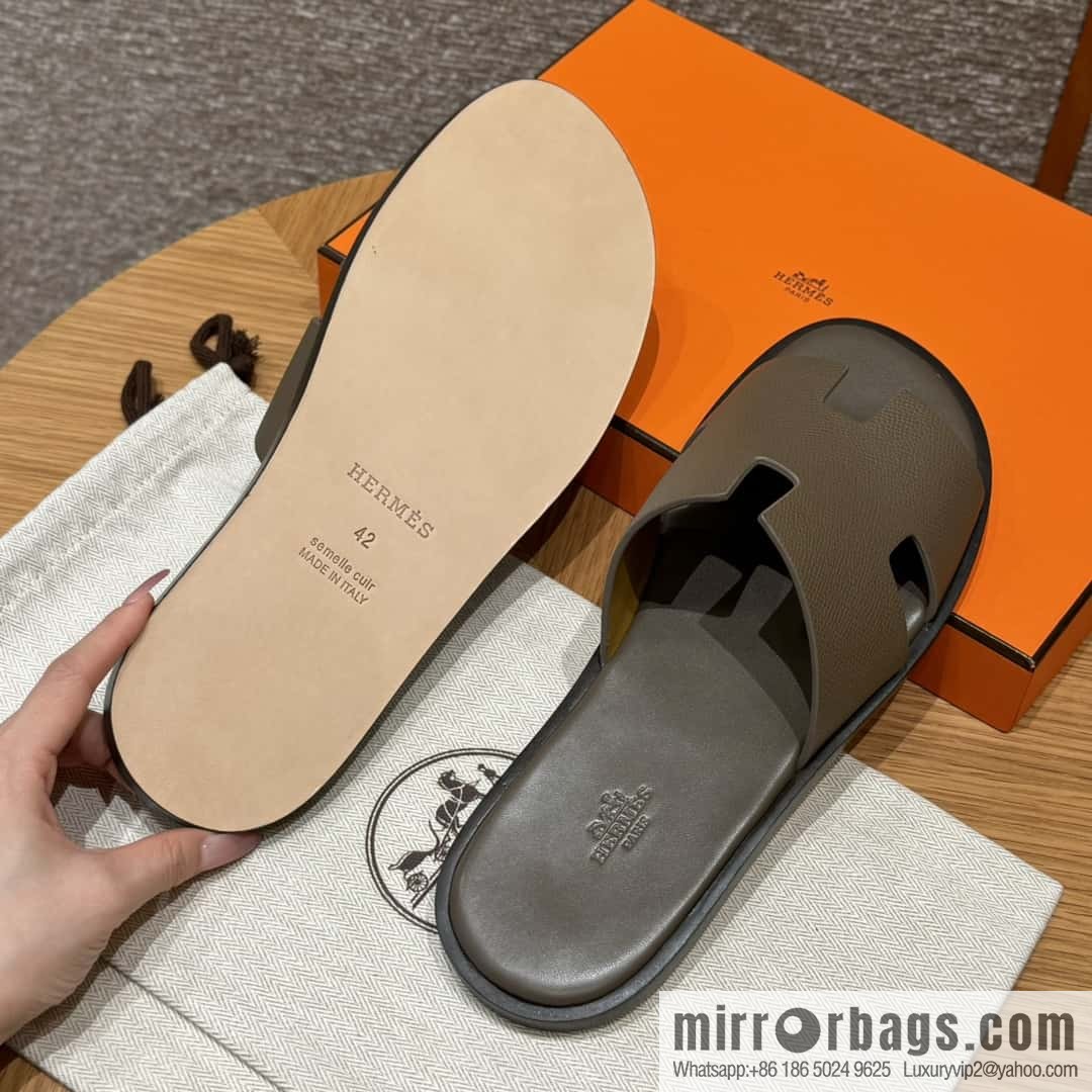 HERMES 182 Men's slippers Men's slippers Palmprint Calfskin/Epsom/Calfskin Elephant Grey/ck18/Etoupe