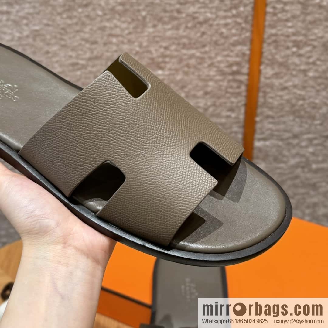 HERMES 182 Men's slippers Men's slippers Palmprint Calfskin/Epsom/Calfskin Elephant Grey/ck18/Etoupe