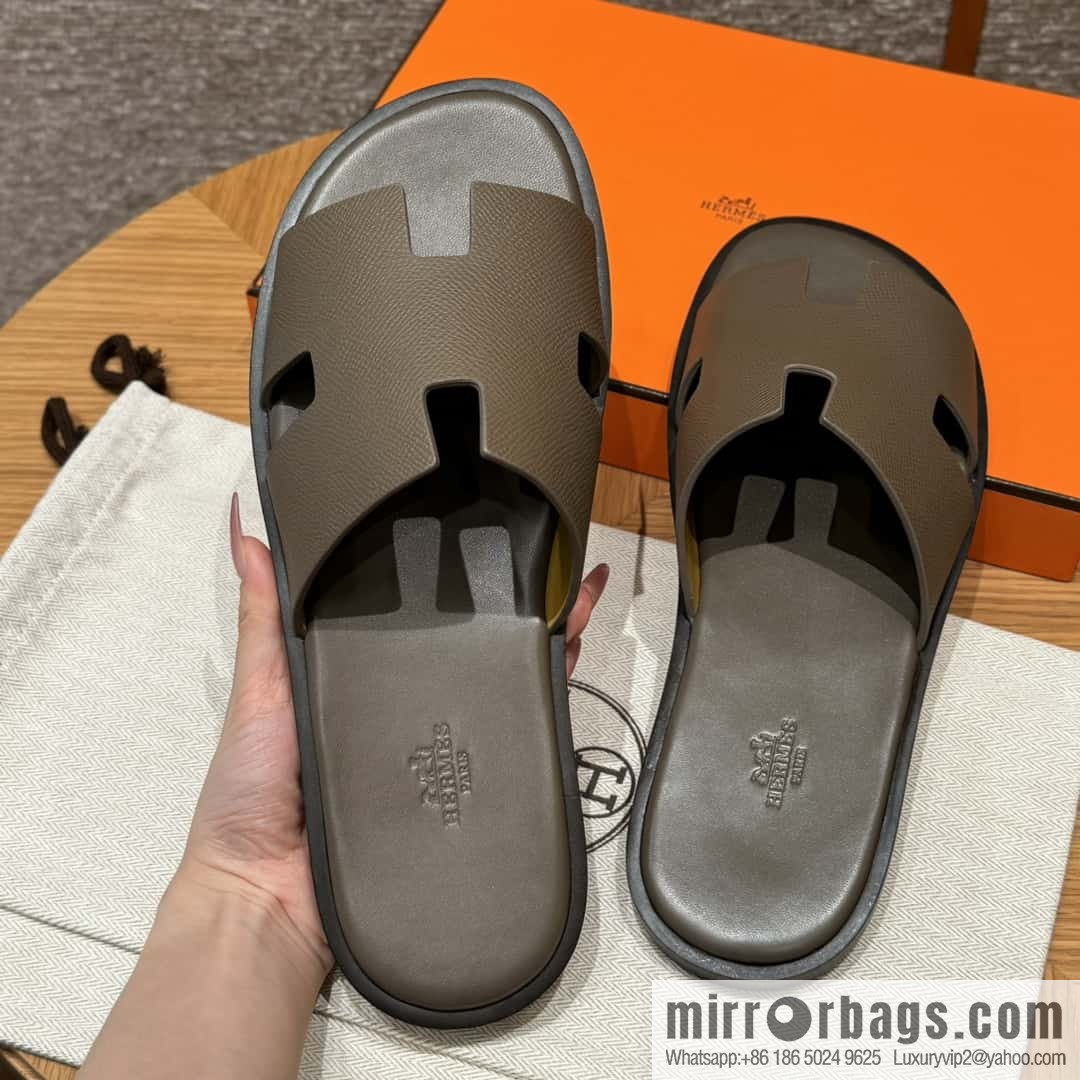 HERMES 182 Men's slippers Men's slippers Palmprint Calfskin/Epsom/Calfskin Elephant Grey/ck18/Etoupe