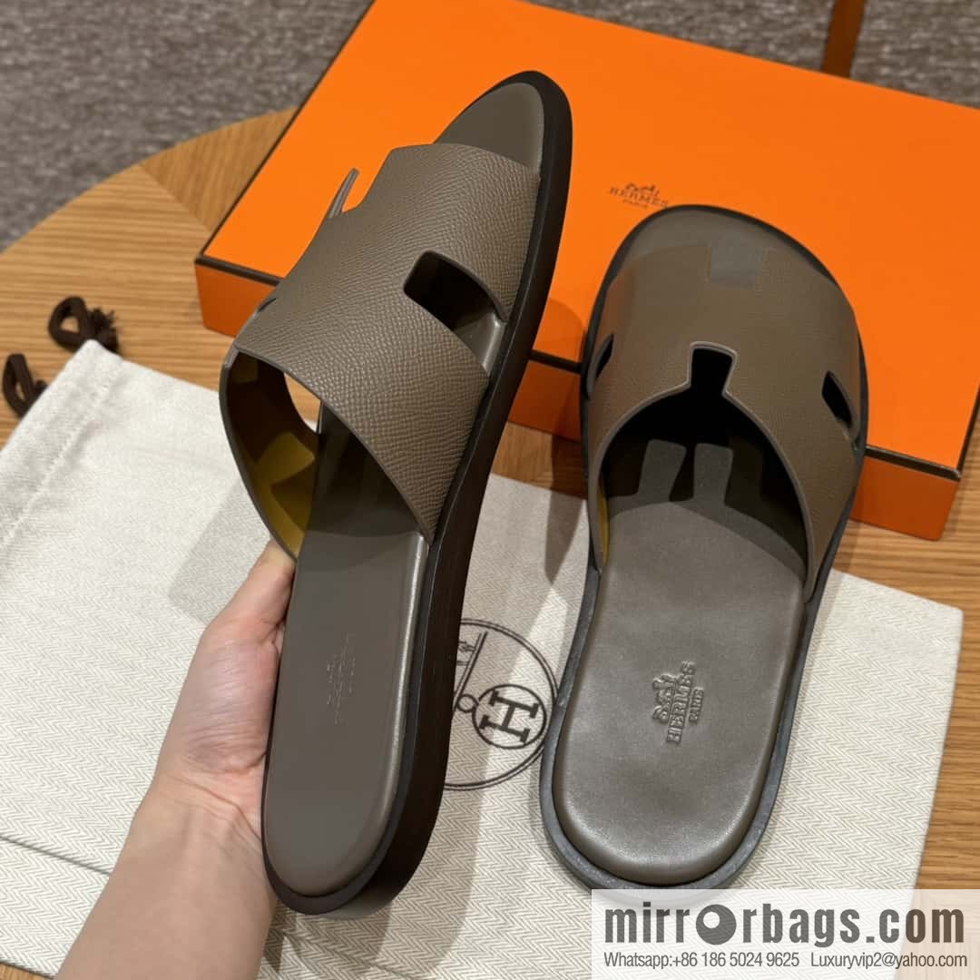 HERMES 182 Men's slippers Men's slippers Palmprint Calfskin/Epsom/Calfskin Elephant Grey/ck18/Etoupe