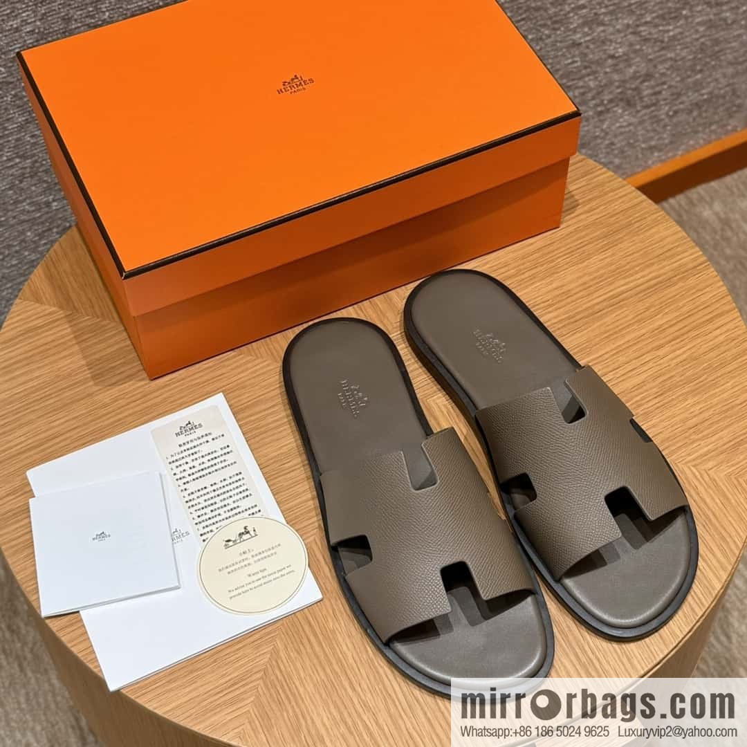 HERMES 182 Men's slippers Men's slippers Palmprint Calfskin/Epsom/Calfskin Elephant Grey/ck18/Etoupe