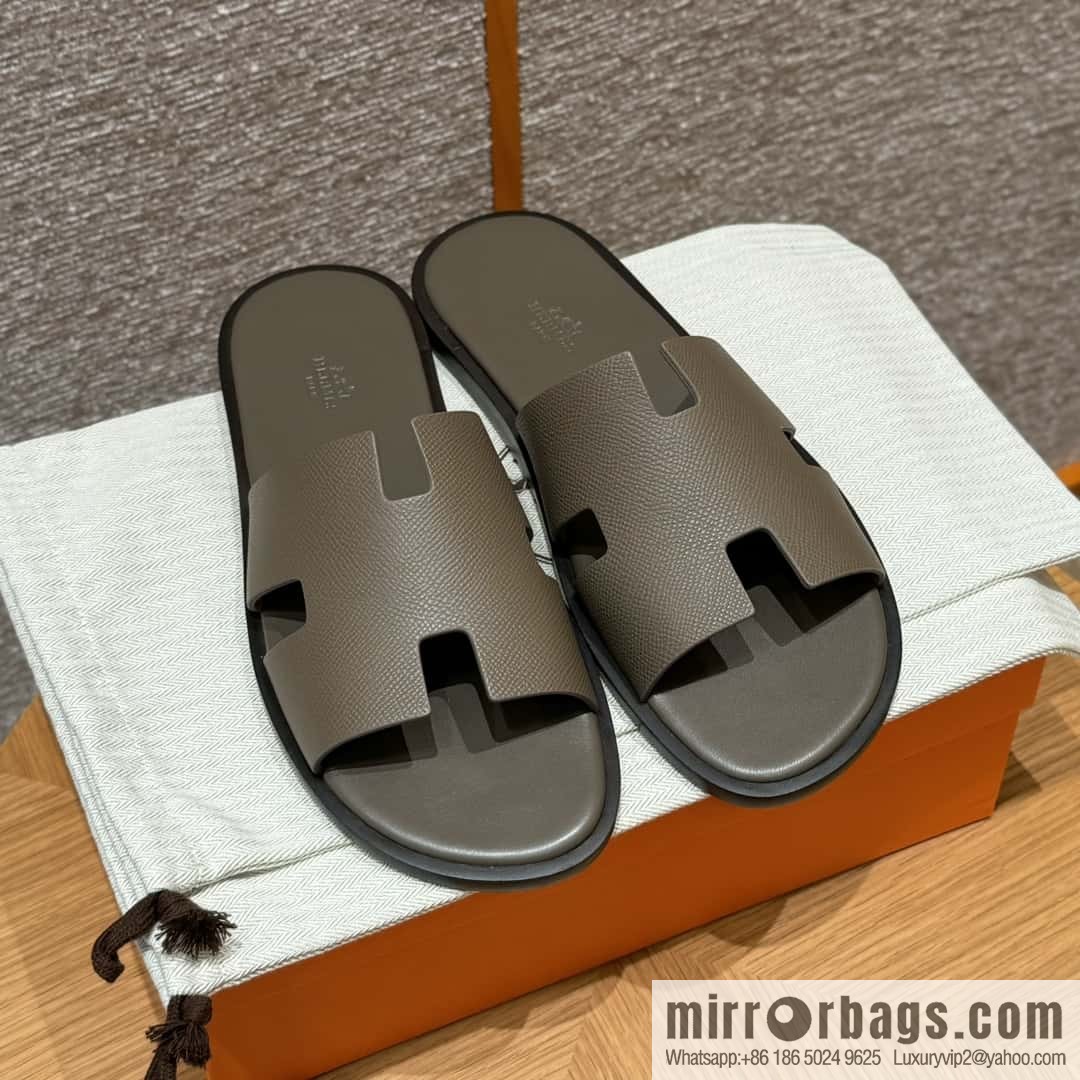 HERMES 182 Men's slippers Men's slippers Palmprint Calfskin/Epsom/Calfskin Elephant Grey/ck18/Etoupe