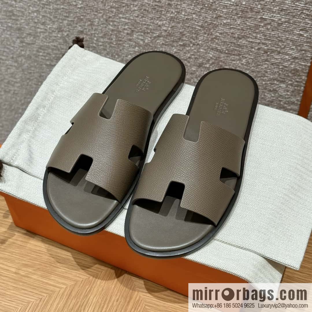 HERMES 182 Men's slippers Men's slippers Palmprint Calfskin/Epsom/Calfskin Elephant Grey/ck18/Etoupe