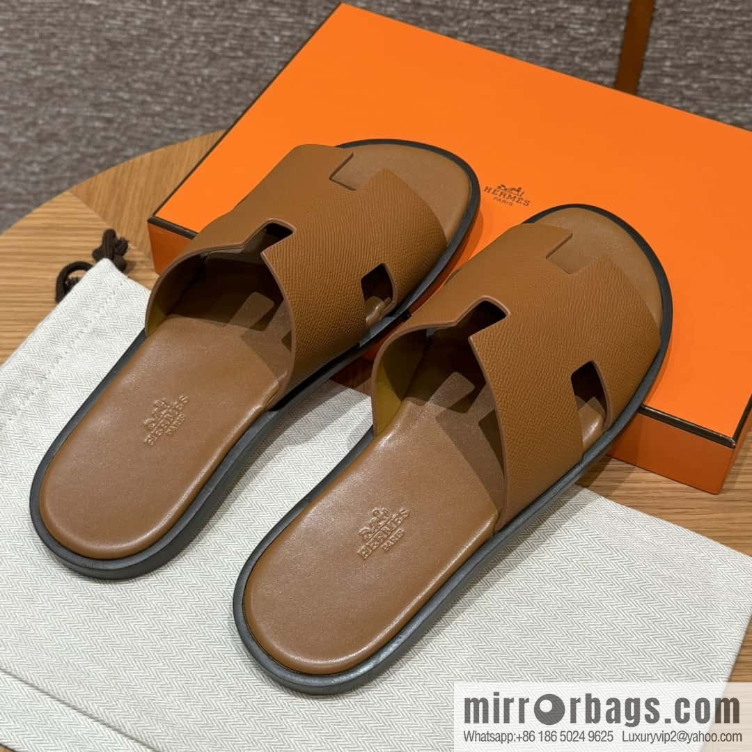 HERMES 182 Men's slippers Men's slippers Palm print calfskin/Epsom/Calfskin gold brown/ck37/gold