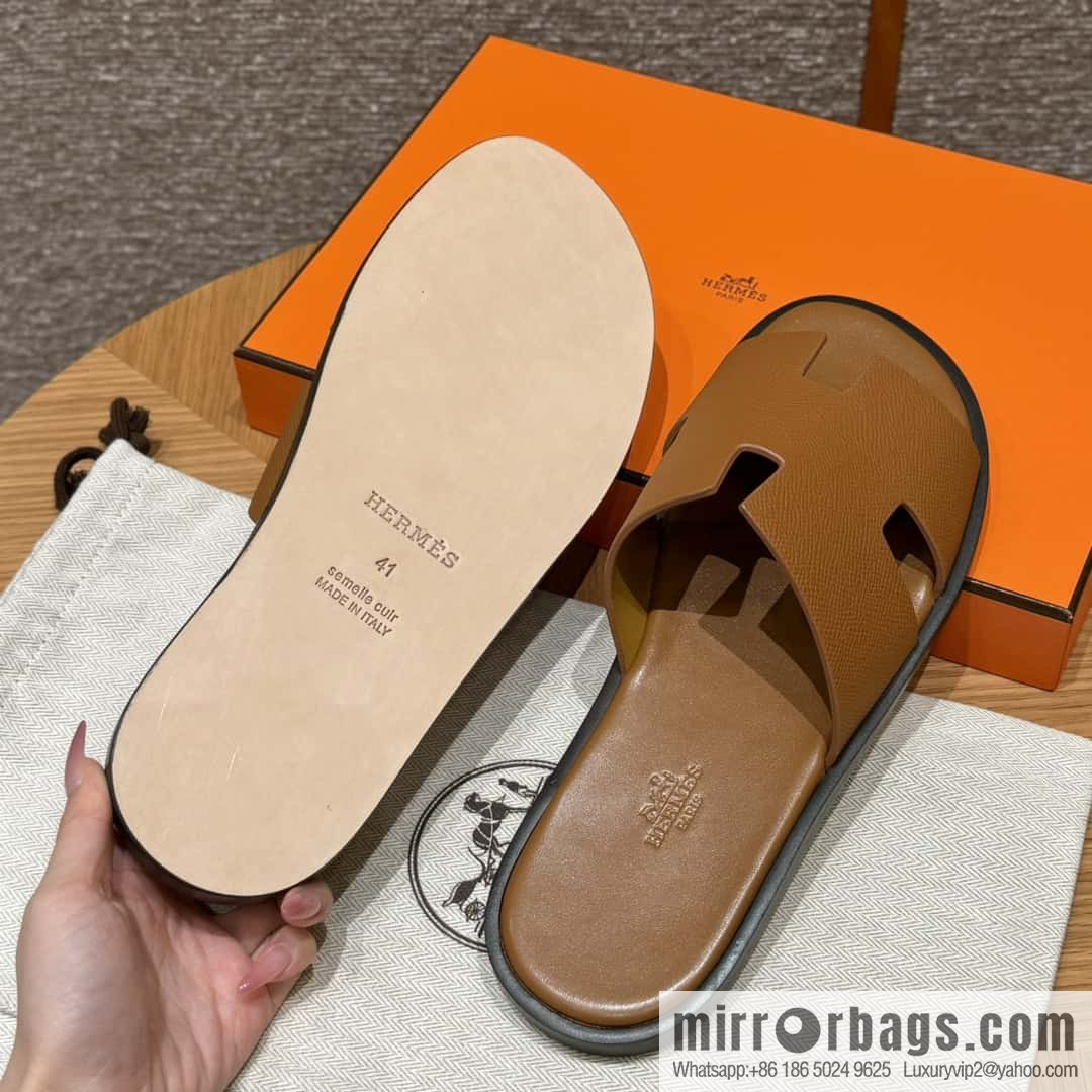 HERMES 182 Men's slippers Men's slippers Palm print calfskin/Epsom/Calfskin gold brown/ck37/gold