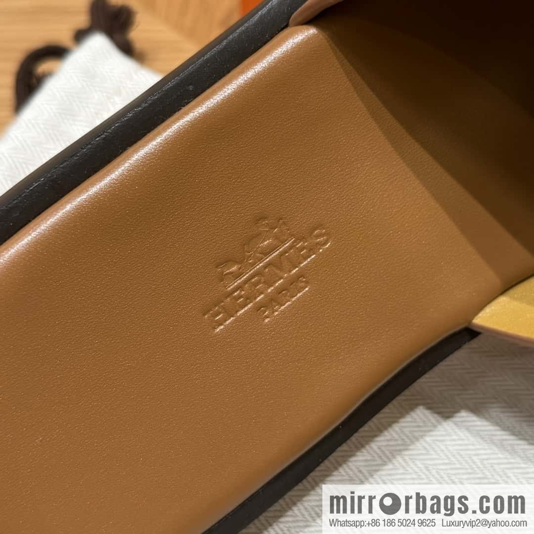 HERMES 182 Men's slippers Men's slippers Palm print calfskin/Epsom/Calfskin gold brown/ck37/gold