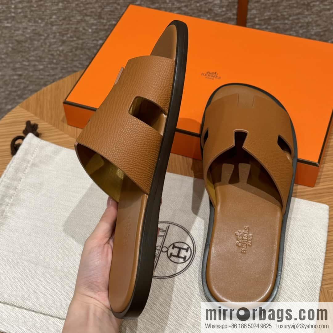 HERMES 182 Men's slippers Men's slippers Palm print calfskin/Epsom/Calfskin gold brown/ck37/gold