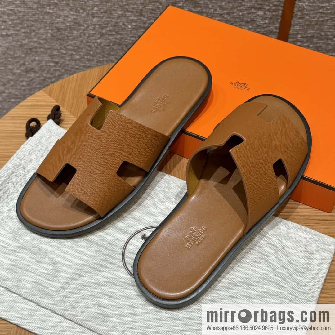 HERMES 182 Men's slippers Men's slippers Palm print calfskin/Epsom/Calfskin gold brown/ck37/gold