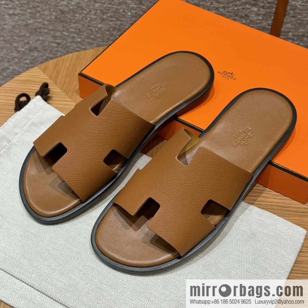HERMES 182 Men's slippers Men's slippers Palm print calfskin/Epsom/Calfskin gold brown/ck37/gold