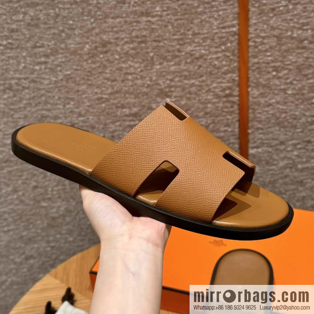 HERMES 182 Men's slippers Men's slippers Palm print calfskin/Epsom/Calfskin gold brown/ck37/gold