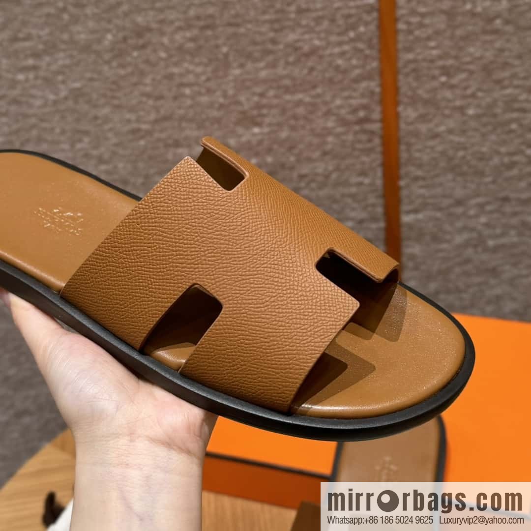 HERMES 182 Men's slippers Men's slippers Palm print calfskin/Epsom/Calfskin gold brown/ck37/gold