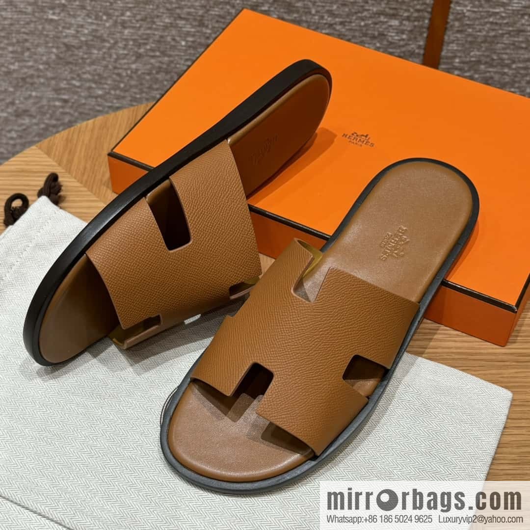 HERMES 182 Men's slippers Men's slippers Palm print calfskin/Epsom/Calfskin gold brown/ck37/gold
