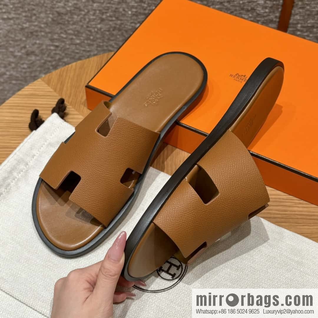 HERMES 182 Men's slippers Men's slippers Palm print calfskin/Epsom/Calfskin gold brown/ck37/gold