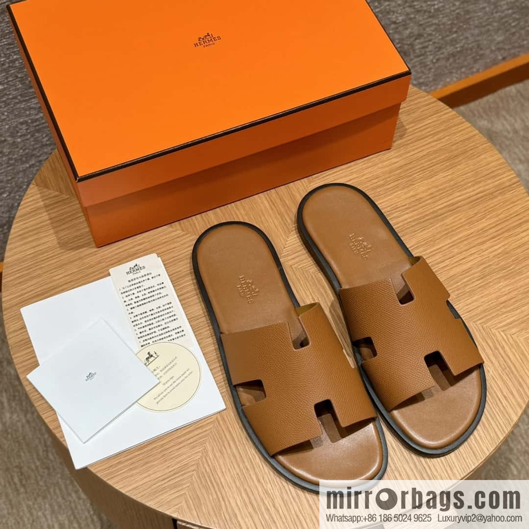 HERMES 182 Men's slippers Men's slippers Palm print calfskin/Epsom/Calfskin gold brown/ck37/gold