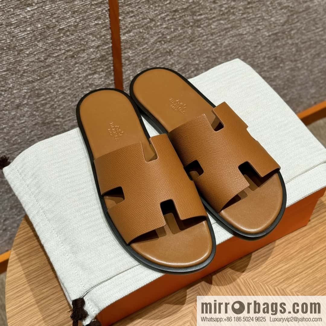 HERMES 182 Men's slippers Men's slippers Palm print calfskin/Epsom/Calfskin gold brown/ck37/gold