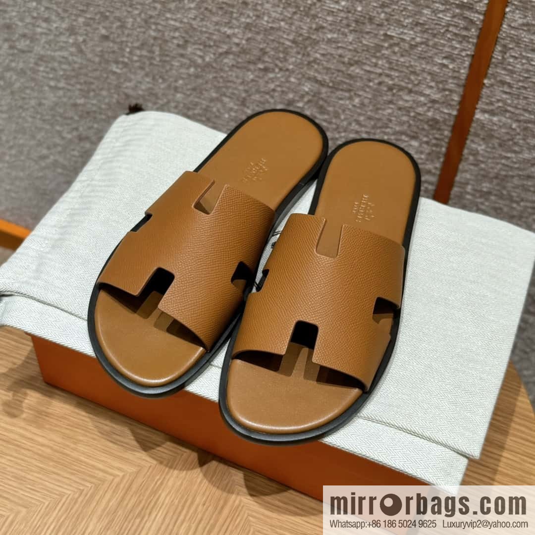 HERMES 182 Men's slippers Men's slippers Palm print calfskin/Epsom/Calfskin gold brown/ck37/gold