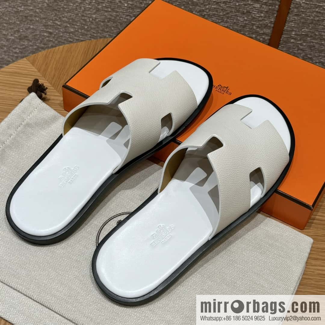 HERMES 182 Men's slippers Palm print/Epsom pure white/01/Blanc