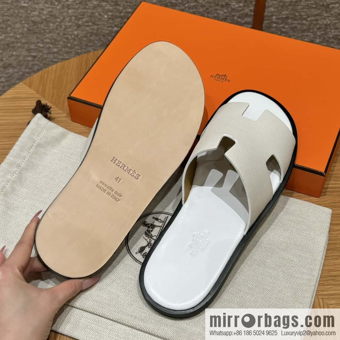 HERMES 182 Men's slippers Palm print/Epsom pure white/01/Blanc