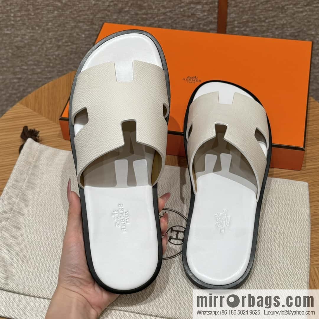 HERMES 182 Men's slippers Palm print/Epsom pure white/01/Blanc