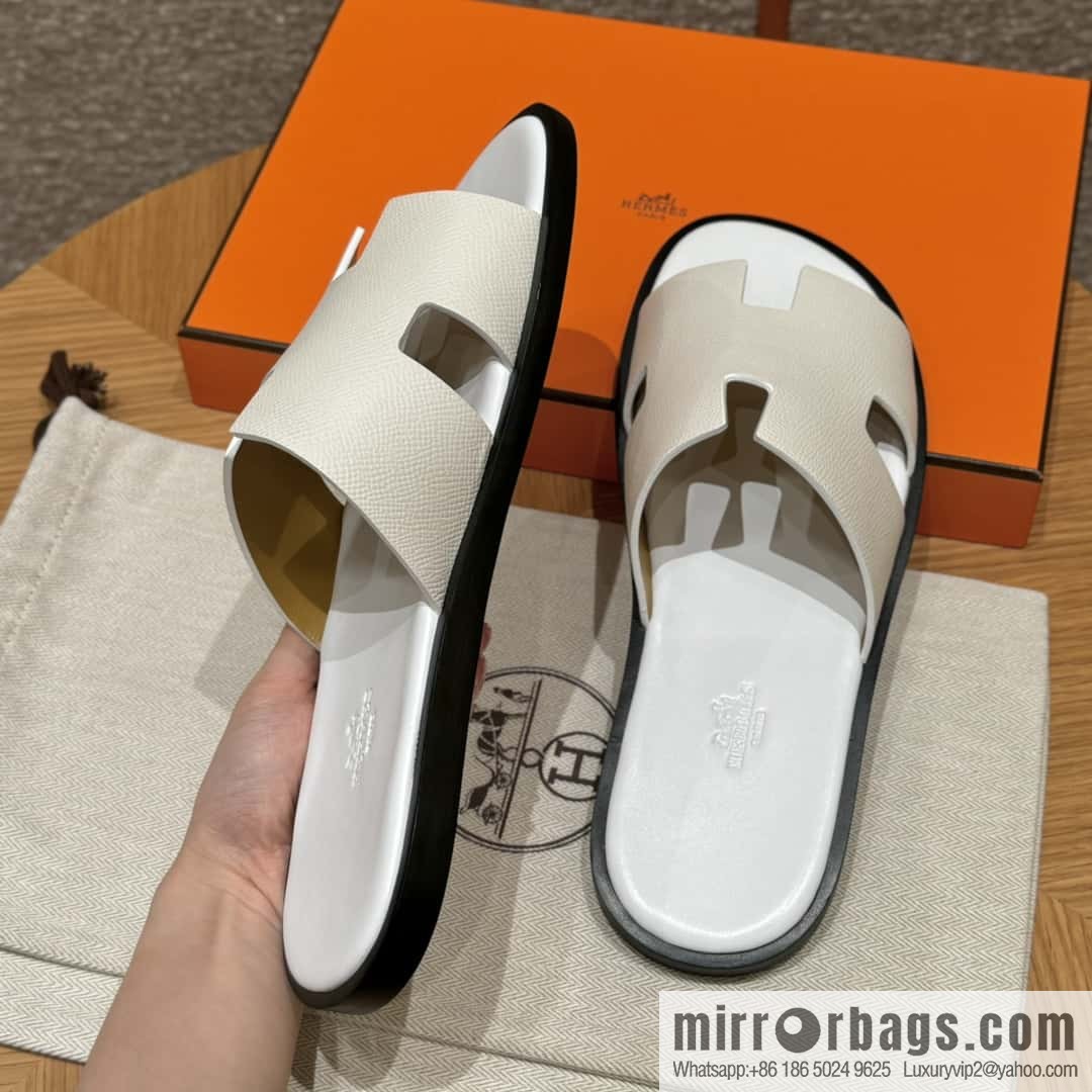 HERMES 182 Men's slippers Palm print/Epsom pure white/01/Blanc