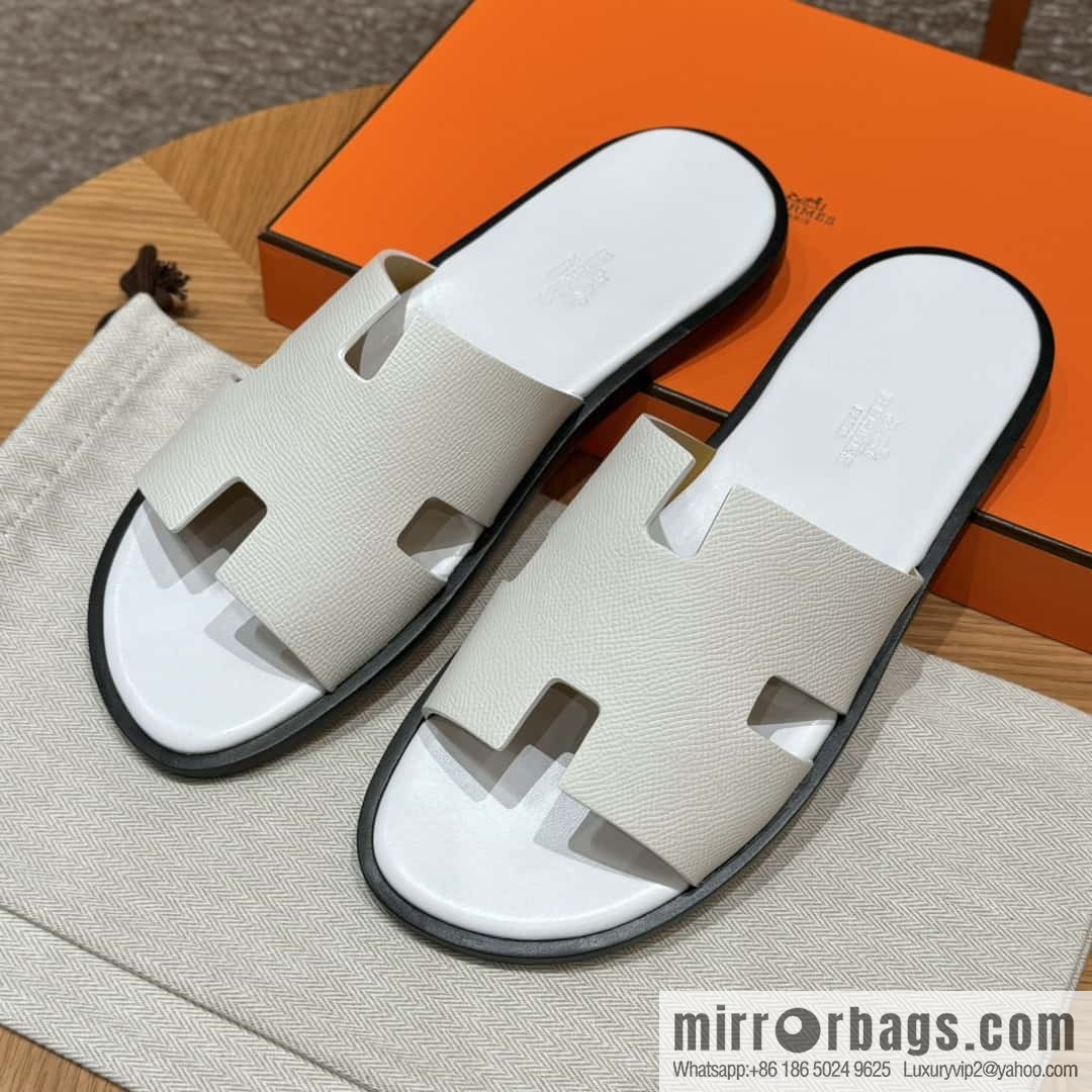 HERMES 182 Men's slippers Palm print/Epsom pure white/01/Blanc