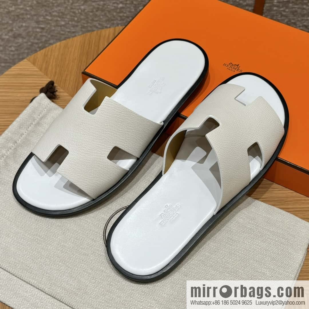 HERMES 182 Men's slippers Palm print/Epsom pure white/01/Blanc