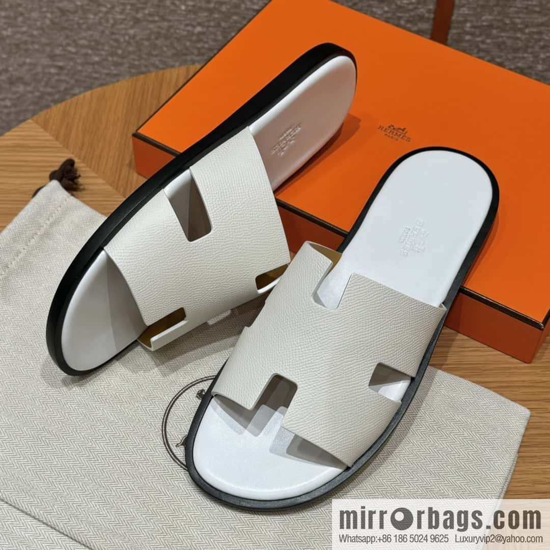 HERMES 182 Men's slippers Palm print/Epsom pure white/01/Blanc
