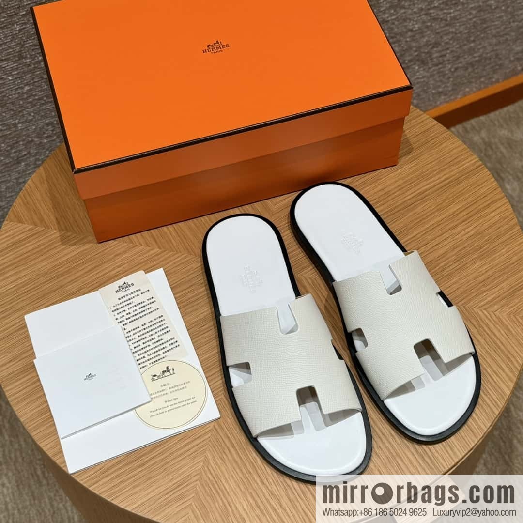 HERMES 182 Men's slippers Palm print/Epsom pure white/01/Blanc