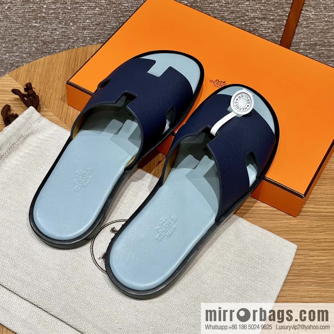 HERMES 182 -Lzmir Men's slippers Men's slippers, cowhide/Epsom Navy/7U/Blue Navy/with macaron feet