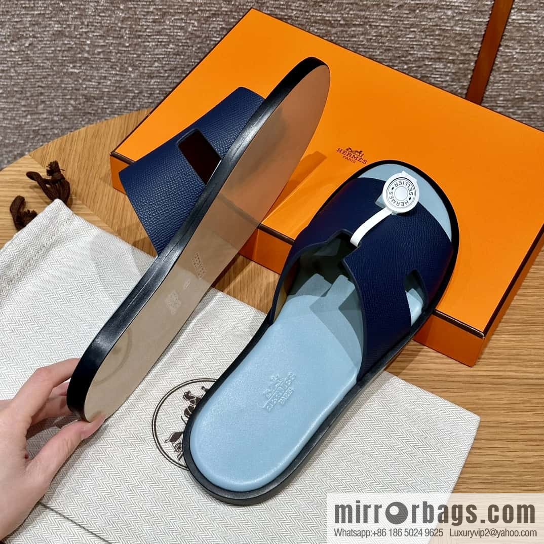 HERMES 182 -Lzmir Men's slippers Men's slippers, cowhide/Epsom Navy/7U/Blue Navy/with macaron feet