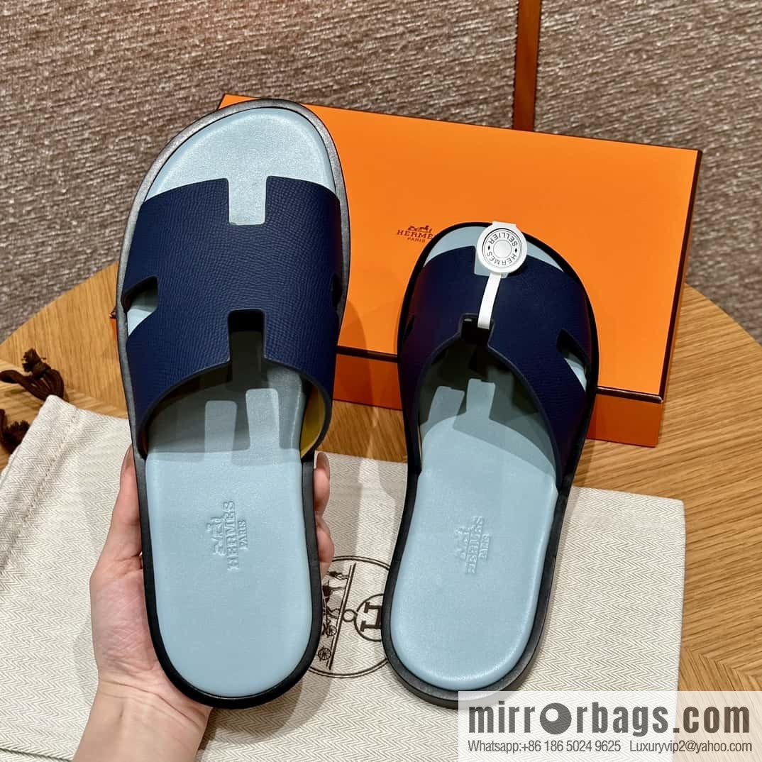 HERMES 182 -Lzmir Men's slippers Men's slippers, cowhide/Epsom Navy/7U/Blue Navy/with macaron feet