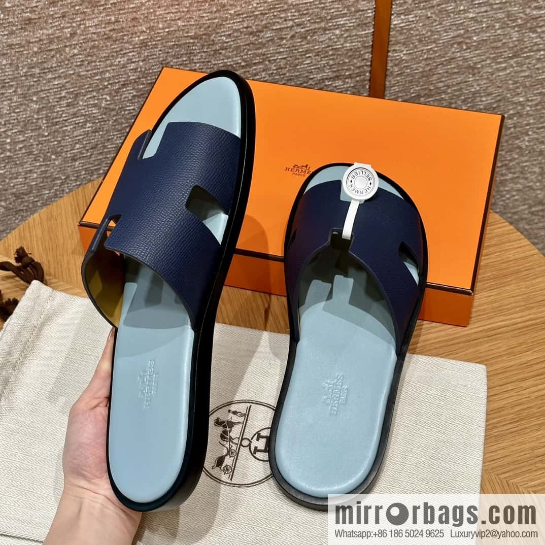 HERMES 182 -Lzmir Men's slippers Men's slippers, cowhide/Epsom Navy/7U/Blue Navy/with macaron feet