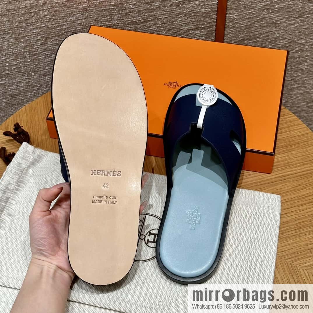 HERMES 182 -Lzmir Men's slippers Men's slippers, cowhide/Epsom Navy/7U/Blue Navy/with macaron feet