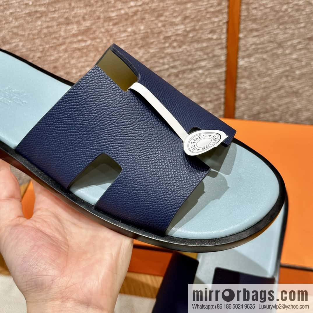 HERMES 182 -Lzmir Men's slippers Men's slippers, cowhide/Epsom Navy/7U/Blue Navy/with macaron feet