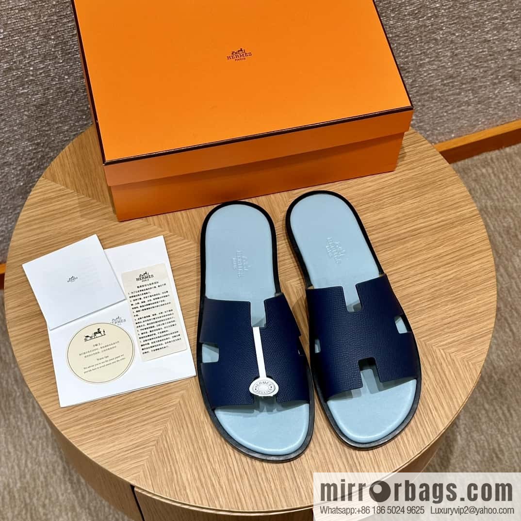 HERMES 182 -Lzmir Men's slippers Men's slippers, cowhide/Epsom Navy/7U/Blue Navy/with macaron feet