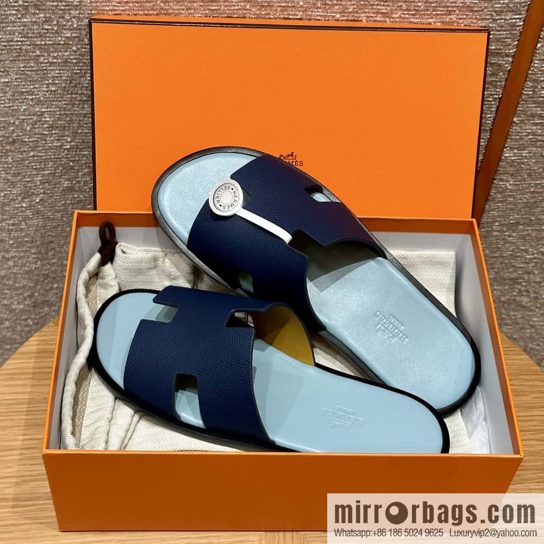 HERMES 182 -Lzmir Men's slippers Men's slippers, cowhide/Epsom Navy/7U/Blue Navy/with macaron feet