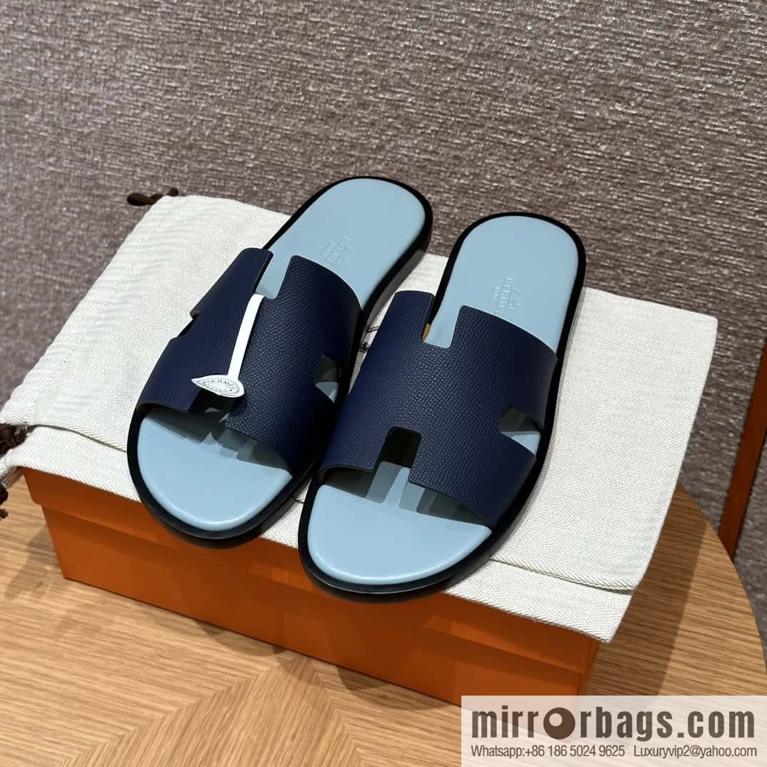 HERMES 182 -Lzmir Men's slippers Men's slippers, cowhide/Epsom Navy/7U/Blue Navy/with macaron feet