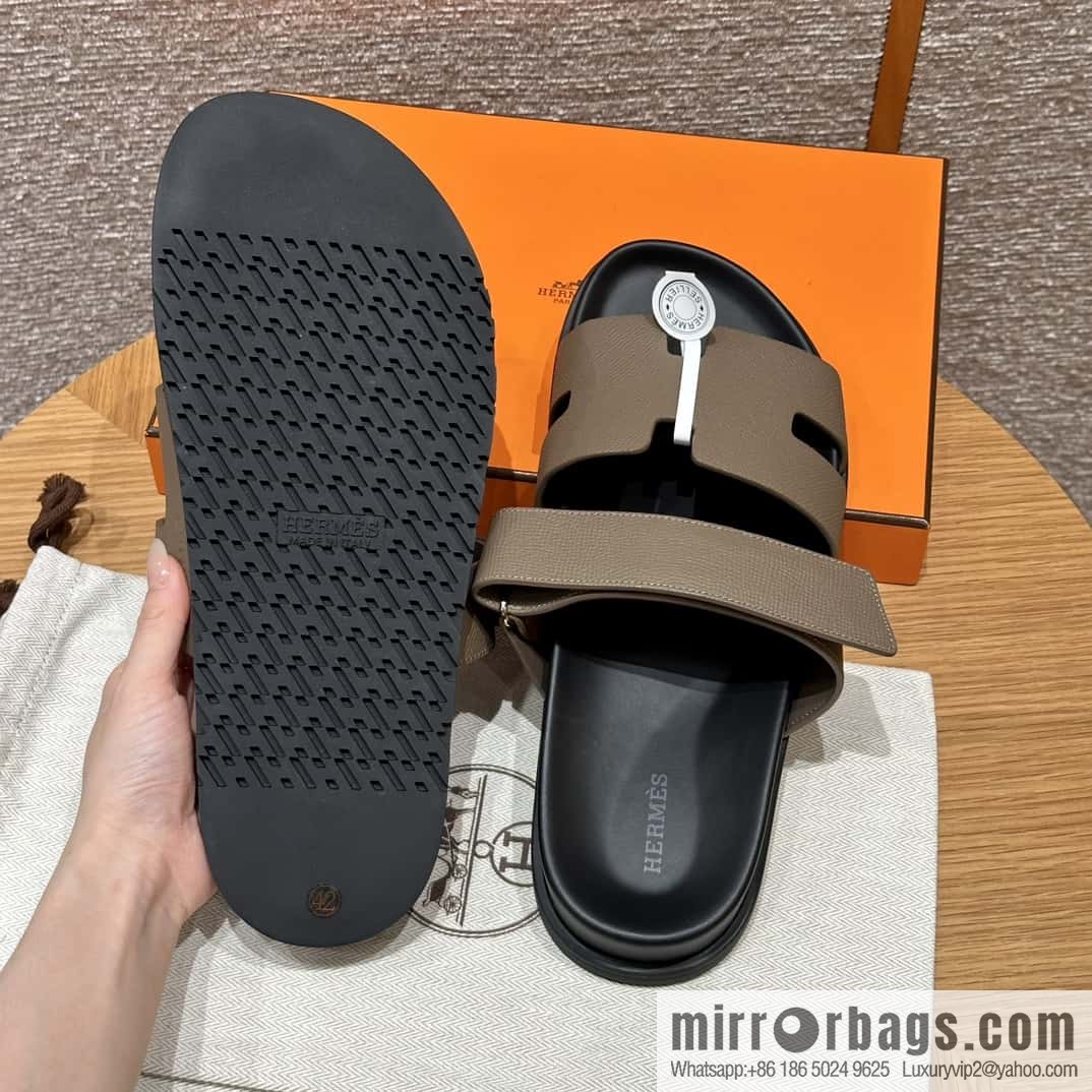 HERMES 180 CHYPRE SANDAL uncle shoes, palm print/Epsom elephant gray/18/Etoupe
