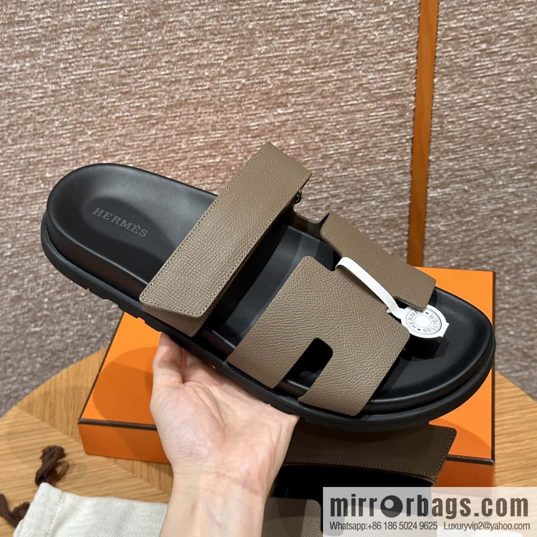 HERMES 180 CHYPRE SANDAL uncle shoes, palm print/Epsom elephant gray/18/Etoupe
