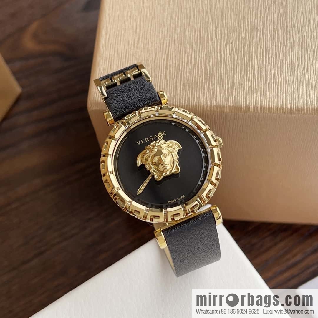 Versace Black Gold Quartz Ladies Watch 34mm PALAZZO Classic Series