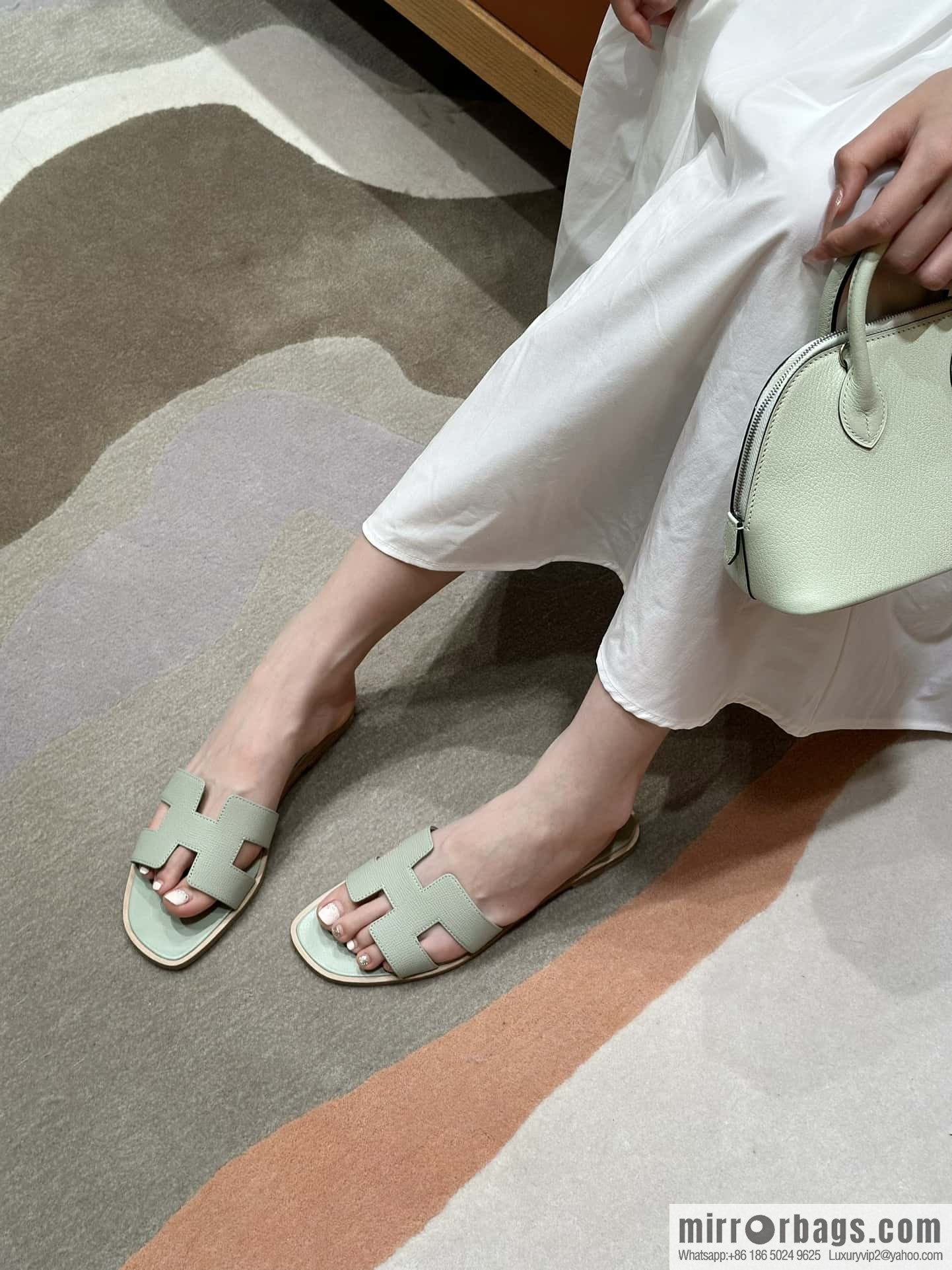 HERMES 181 Oran Sandals, Mint Green/6u/Menthe Palm Print/Epsom