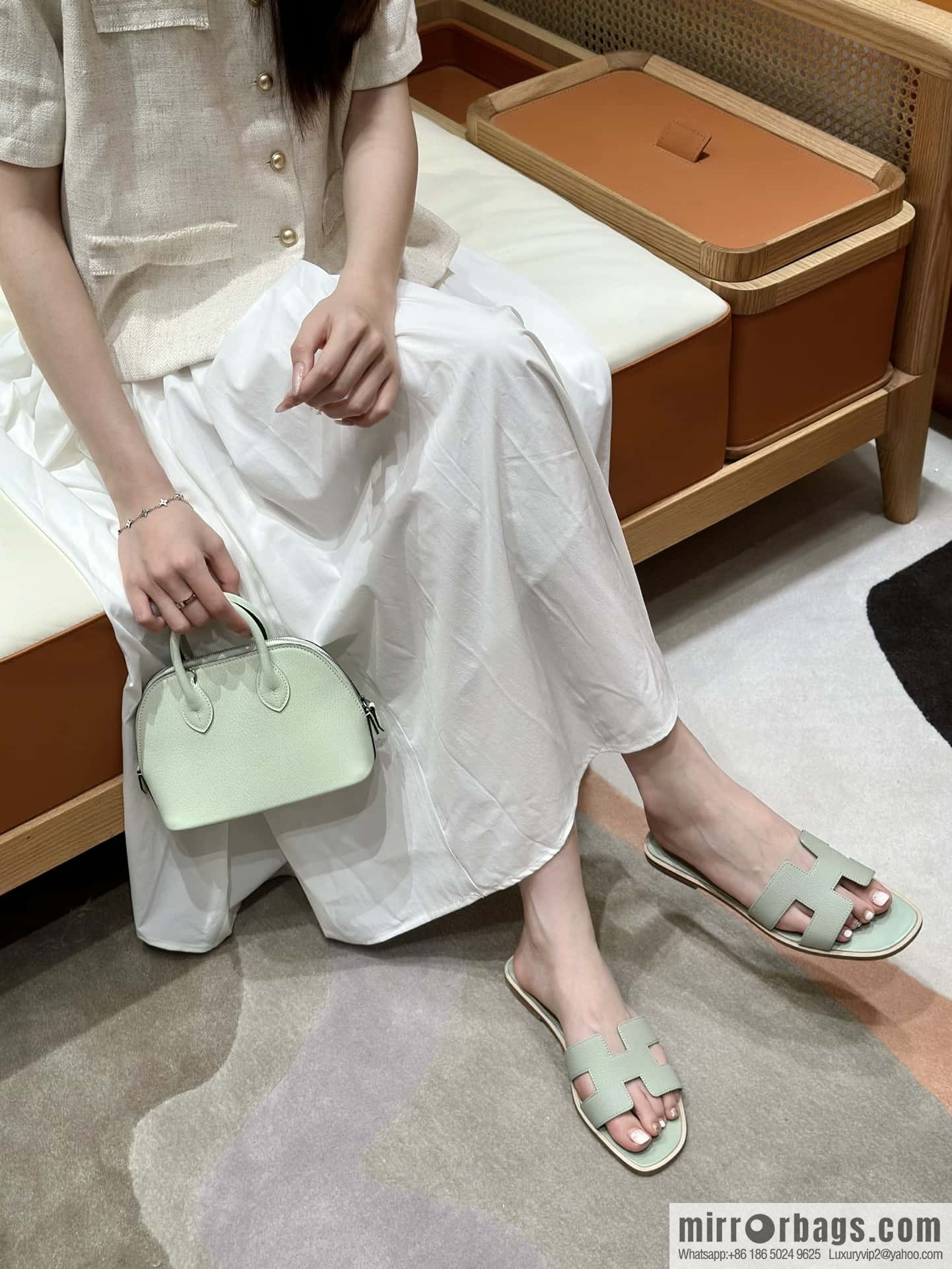 HERMES 181 Oran Sandals, Mint Green/6u/Menthe Palm Print/Epsom