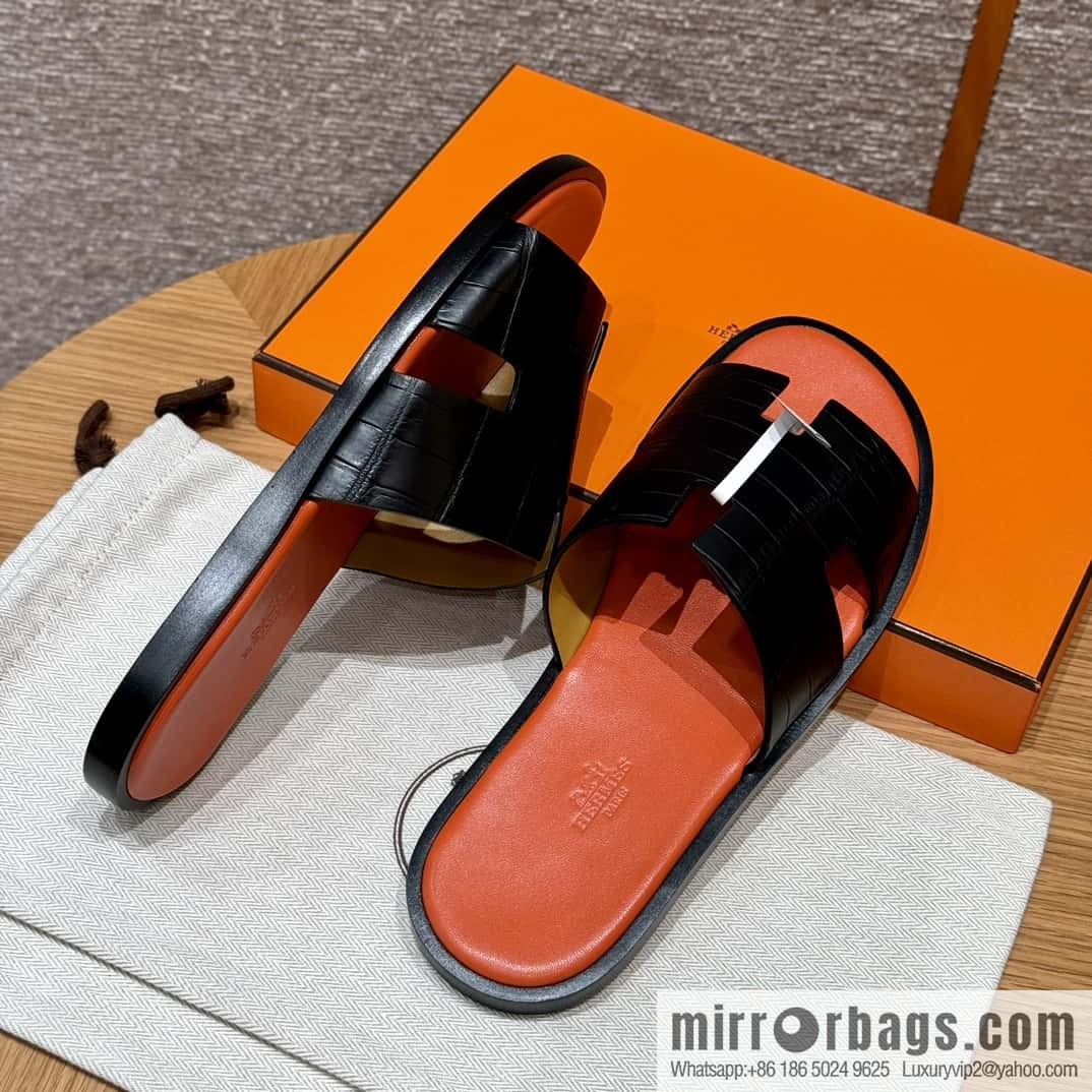 HERMES 182 -Lzmir Men's slippers, black/89/Black/with orange alligator/alligator🐊