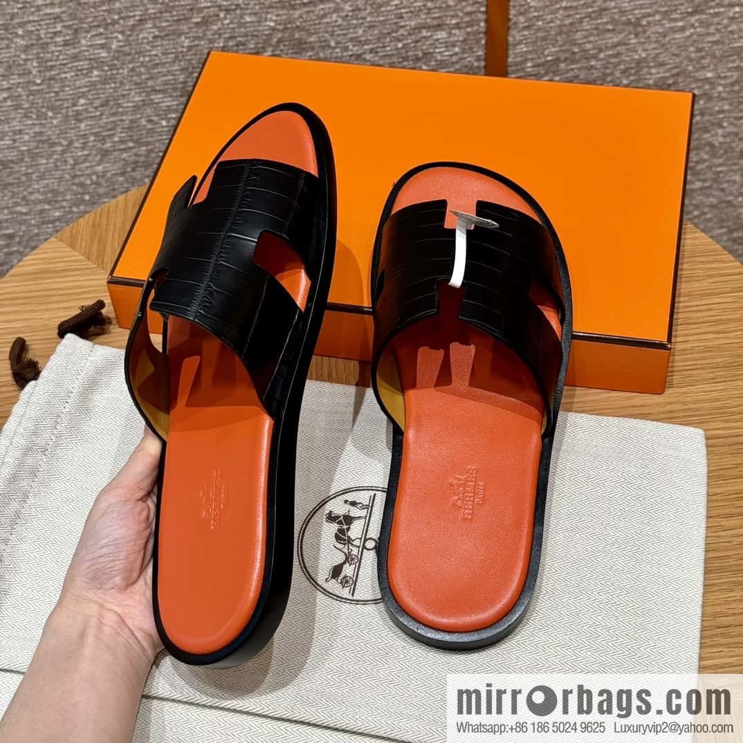 HERMES 182 -Lzmir Men's slippers, black/89/Black/with orange alligator/alligator🐊