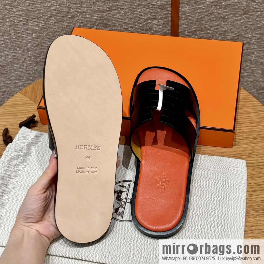 HERMES 182 -Lzmir Men's slippers, black/89/Black/with orange alligator/alligator🐊