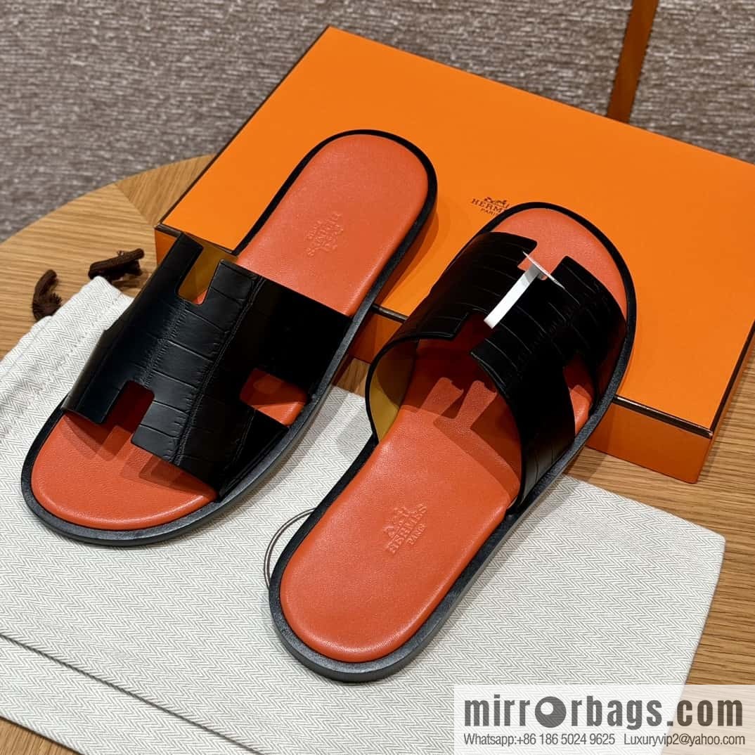 HERMES 182 -Lzmir Men's slippers, black/89/Black/with orange alligator/alligator🐊