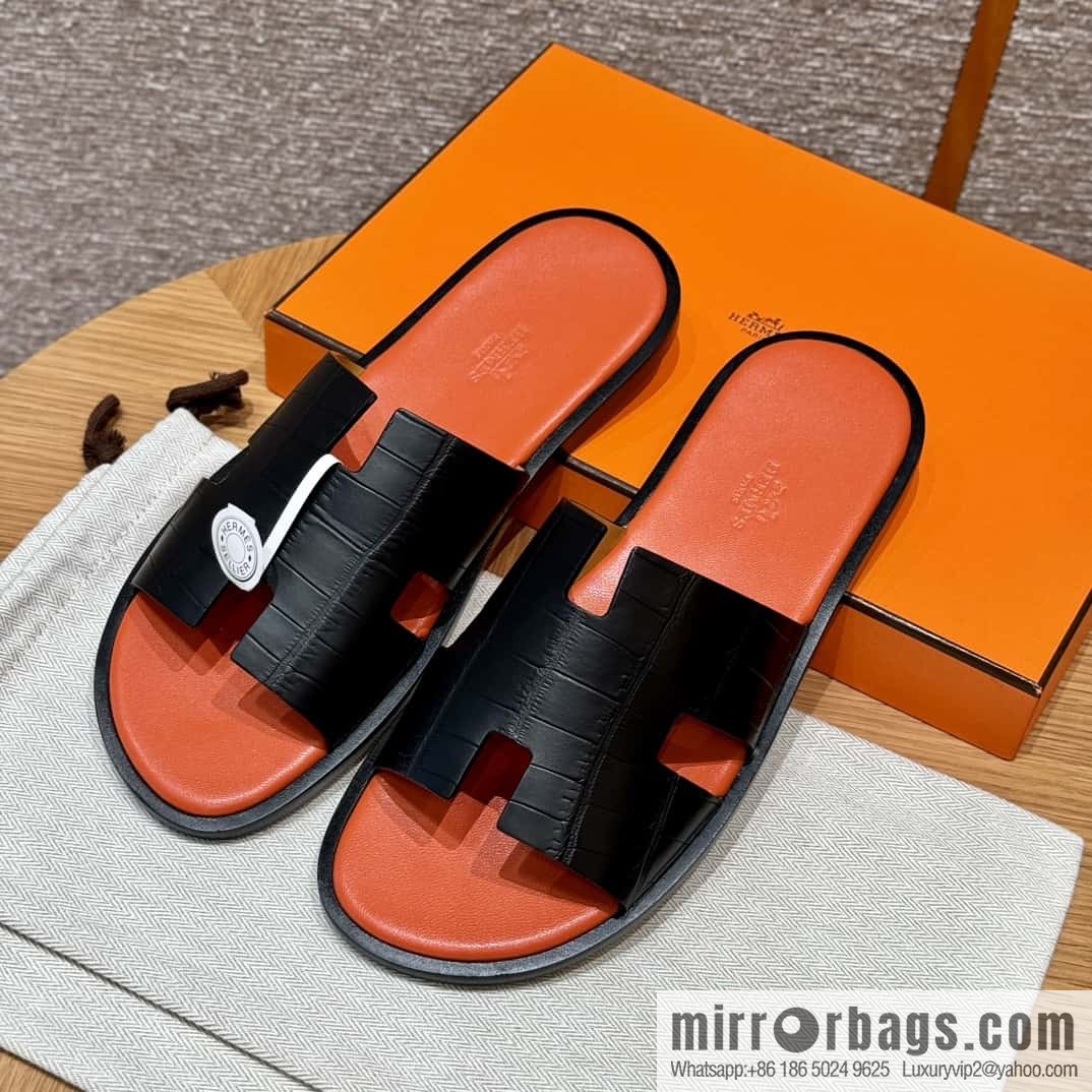 HERMES 182 -Lzmir Men's slippers, black/89/Black/with orange alligator/alligator🐊