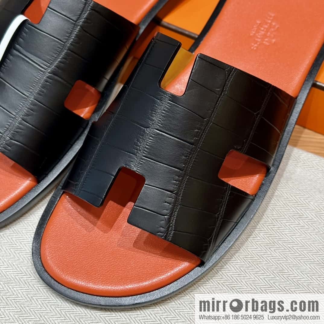 HERMES 182 -Lzmir Men's slippers, black/89/Black/with orange alligator/alligator🐊