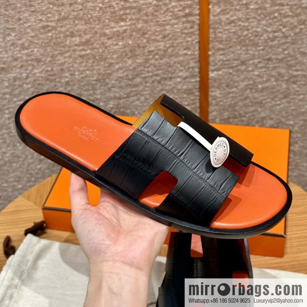 HERMES 182 -Lzmir Men's slippers, black/89/Black/with orange alligator/alligator🐊