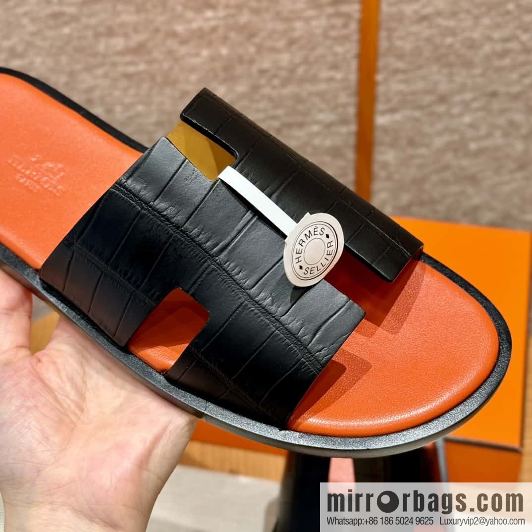HERMES 182 -Lzmir Men's slippers, black/89/Black/with orange alligator/alligator🐊